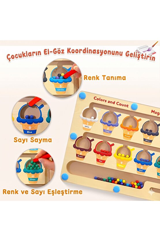 Manyetik Kalemli Renk ve Sayı Labirenti – Eğitici Ahşap Dondurma Temalı Zeka Oyunu