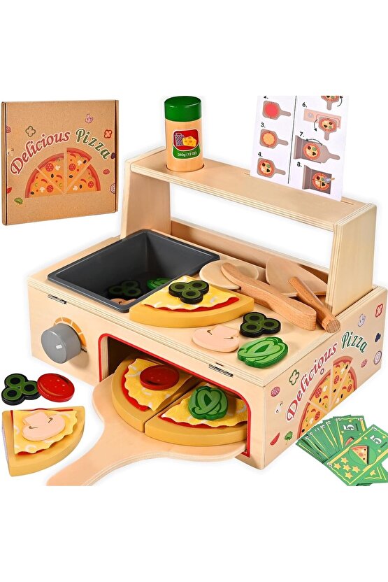 Ahşap Çocuk Mutfak Seti Oyuncak Pizza Fırını - 50 Parça Eğitici Montessori Evcilik Oyunu