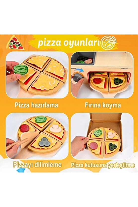 Ahşap Çocuk Mutfak Seti Oyuncak Pizza Fırını - 50 Parça Eğitici Montessori Evcilik Oyunu