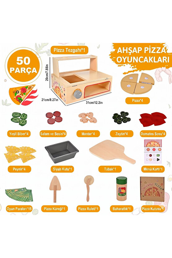 Ahşap Çocuk Mutfak Seti Oyuncak Pizza Fırını - 50 Parça Eğitici Montessori Evcilik Oyunu