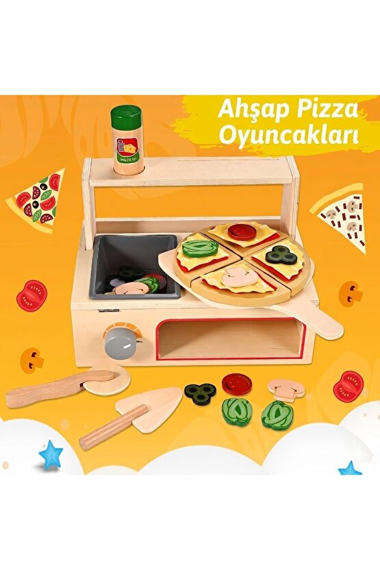 Ahşap Çocuk Mutfak Seti Oyuncak Pizza Fırını - 50 Parça Eğitici Montessori Evcilik Oyunu