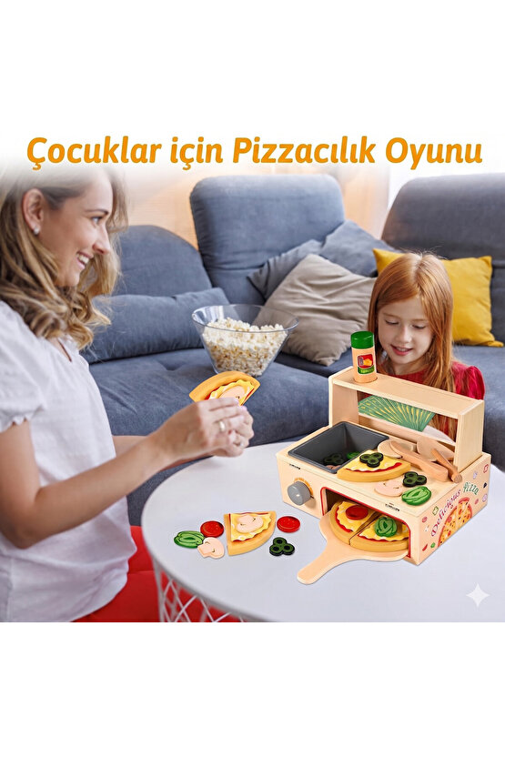 Ahşap Çocuk Mutfak Seti Oyuncak Pizza Fırını - 50 Parça Eğitici Montessori Evcilik Oyunu