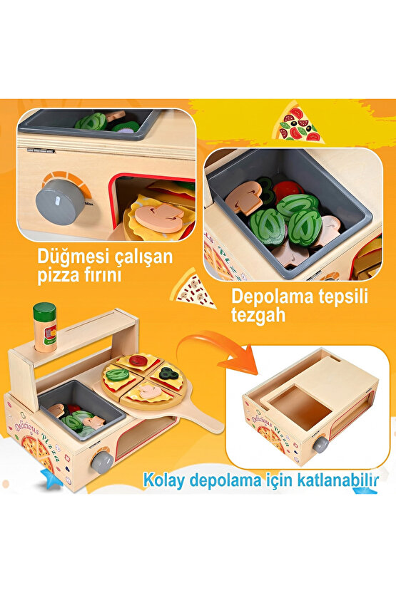Ahşap Çocuk Mutfak Seti Oyuncak Pizza Fırını - 50 Parça Eğitici Montessori Evcilik Oyunu