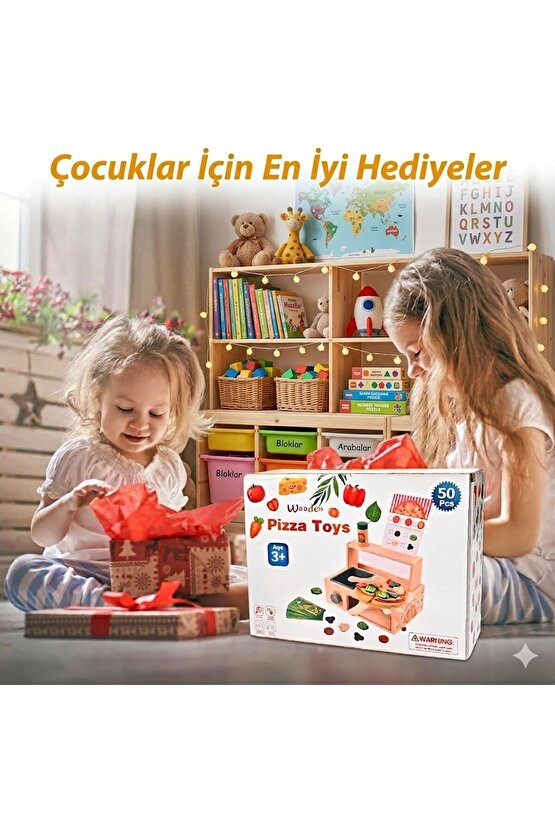 Ahşap Çocuk Mutfak Seti Oyuncak Pizza Fırını - 50 Parça Eğitici Montessori Evcilik Oyunu