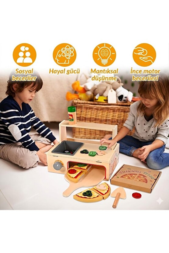Ahşap Çocuk Mutfak Seti Oyuncak Pizza Fırını - 50 Parça Eğitici Montessori Evcilik Oyunu