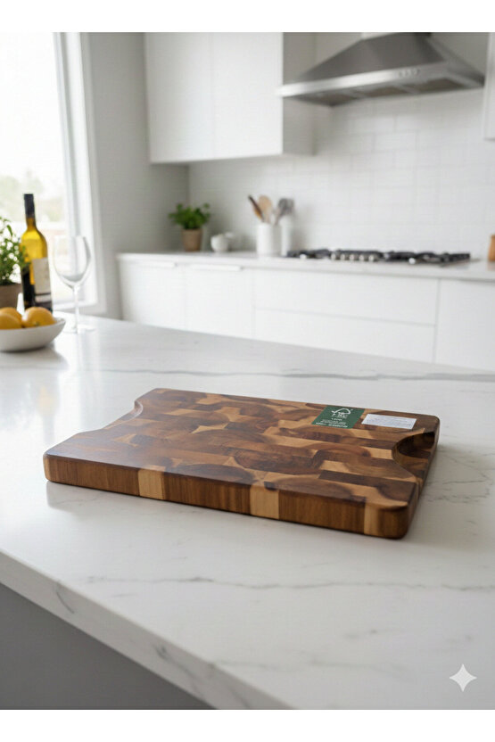 Premium Akasya End-Grain Ahşap Kesme Ve Sunum Tahtası 20x30 cm, Oyuk Saplı, Su Tutmaz Yapı