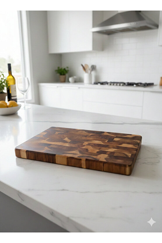 Premium Akasya End-Grain Ahşap Kesme Ve Sunum Tahtası 20x30 cm, Oyuk Saplı, Su Tutmaz Yapı