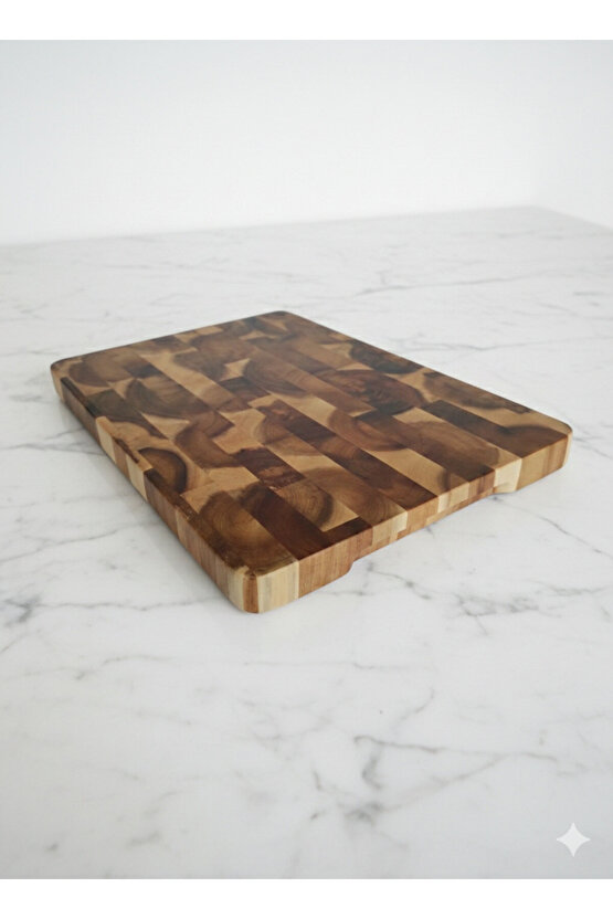 Premium Akasya End-Grain Ahşap Kesme Ve Sunum Tahtası 20x30 cm, Oyuk Saplı, Su Tutmaz Yapı