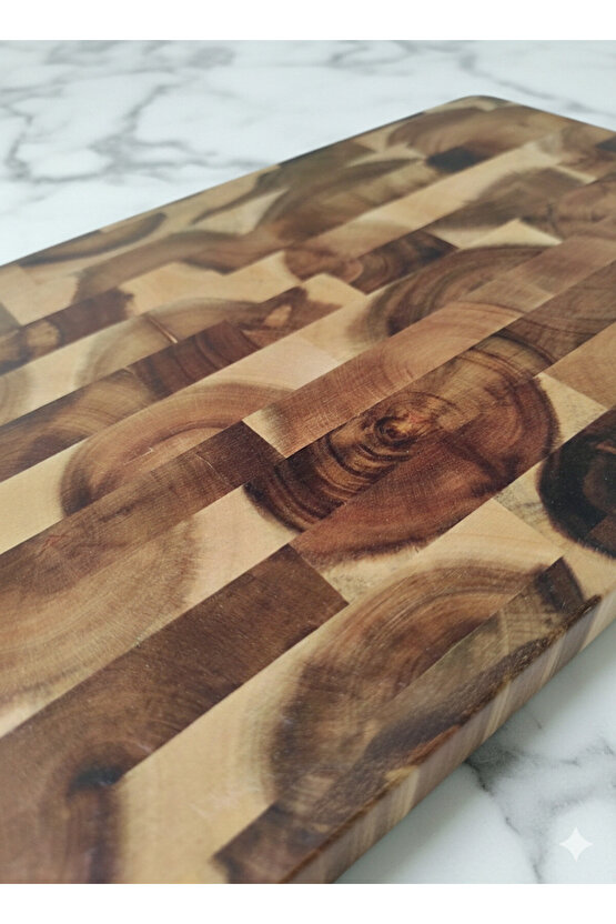 Premium Akasya End-Grain Ahşap Kesme Ve Sunum Tahtası 20x30 cm, Oyuk Saplı, Su Tutmaz Yapı