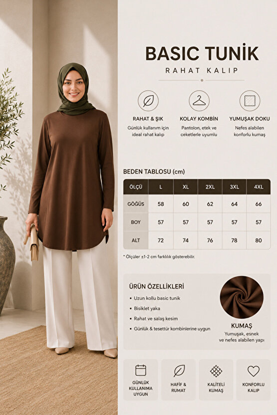 Kadın Basic Uzun Kollu Bisiklet Yaka Rahat Kalıp Tesettür Tunik