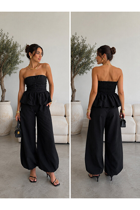 Kadın Siyah Straplez Peplum Bluz Balon Paça Pantolon 2li Takım Yazlık Şık Takım