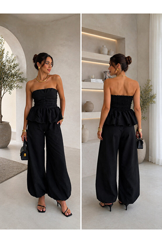 Kadın Siyah Straplez Peplum Bluz Balon Paça Pantolon 2li Takım Yazlık Şık Takım