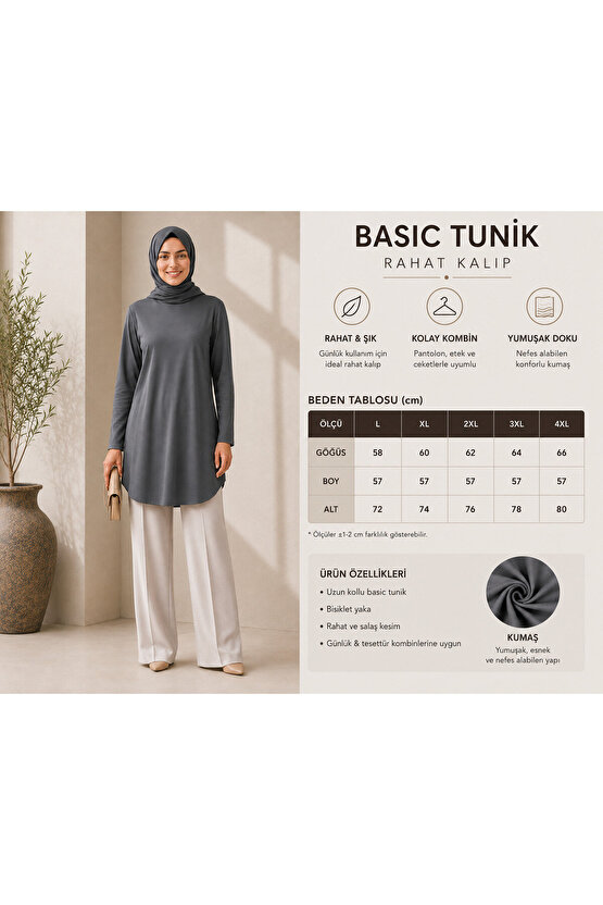 Kadın Uzun Kollu Basic Tunik – Bisiklet Yaka Rahat Kalıp Günlük Tesettür Tunik