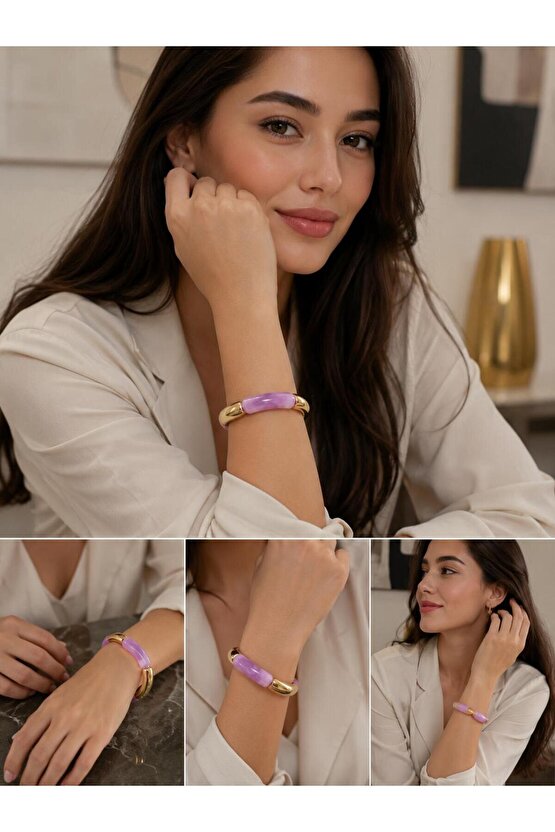 Lila Gold Detaylı Esnek Kadın Bileklik