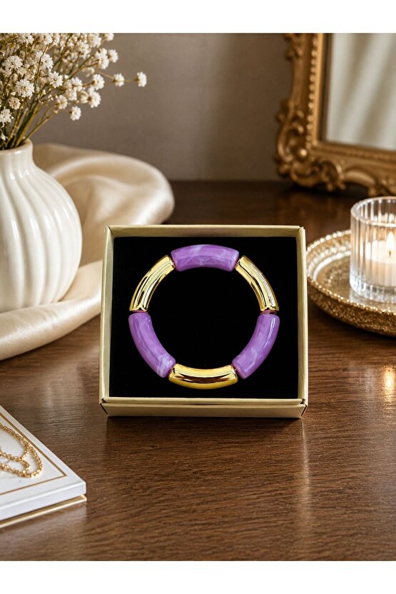Lila Gold Detaylı Esnek Kadın Bileklik