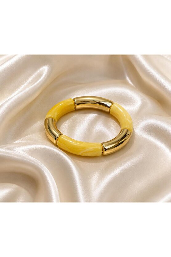 Sarı Gold Detaylı Esnek Kadın Bileklik