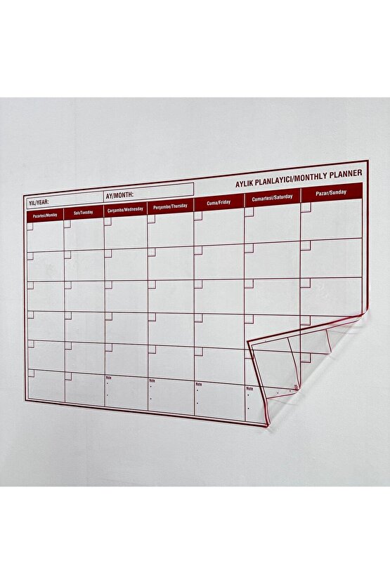 Kırmızı Aylık Planlayıcı Statik Akıllı Yazı Tahtası – Duvar, Cam ve Tahtaya Uygulanır – 85×56 cm