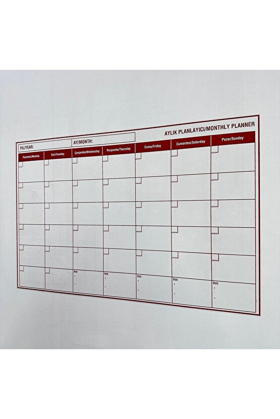 Kırmızı Aylık Planlayıcı Statik Akıllı Yazı Tahtası – Duvar, Cam ve Tahtaya Uygulanır – 85×56 cm