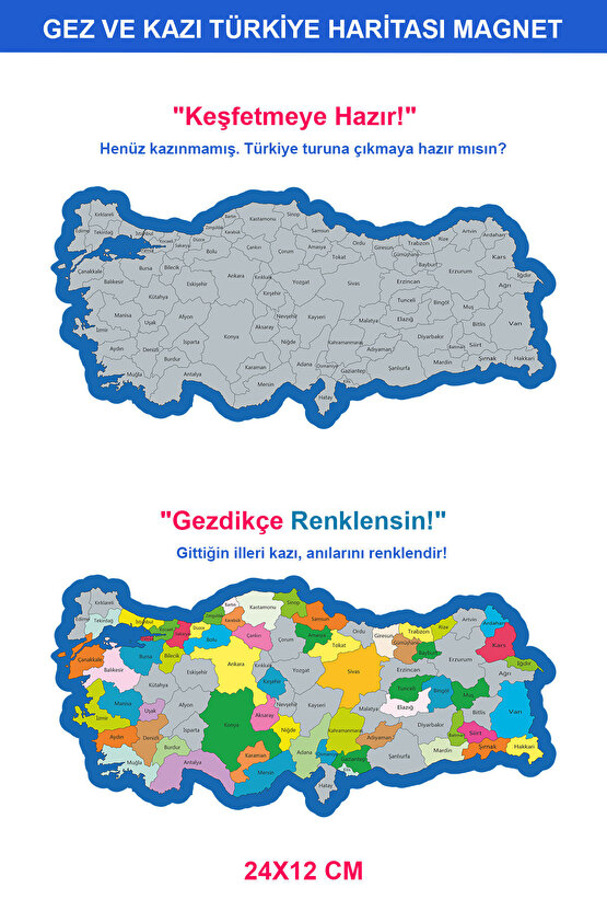Kazınabilir Türkiye Haritası Magnet | Gez-Kazı Seyahat Haritası 24x12 cm