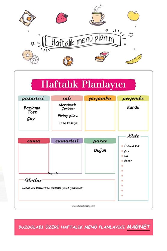 Haftalık Magnet Planlayıcı Menü Mıknatıslı Yazı Tahtası Buzdolabı Magneti Pano 30x30 Cm Kalem