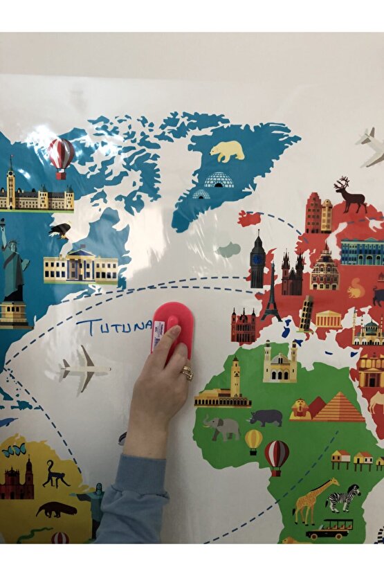 World Travel Map Dünya Seyahat Haritası Yazı Tahtası Akıllı Kağıt Tahta 100x150 Cm + Kalem