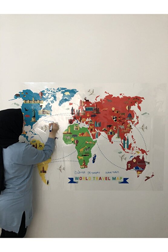 World Travel Map Dünya Seyahat Haritası Yazı Tahtası Akıllı Kağıt Tahta 100x150 Cm + Kalem