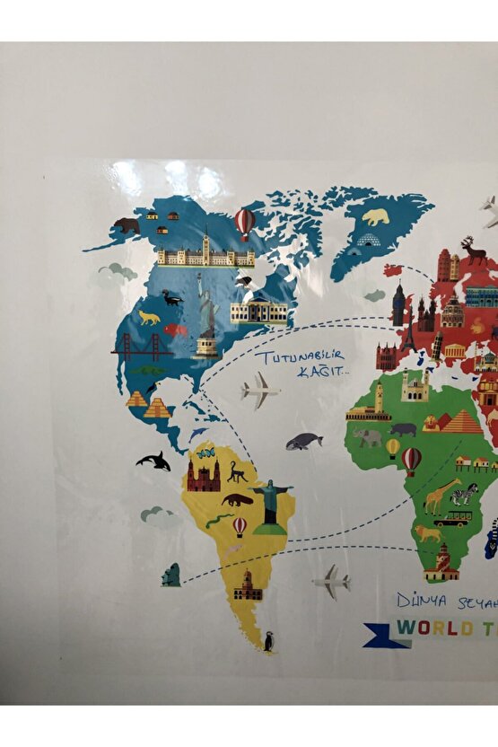 World Travel Map Dünya Seyahat Haritası Yazı Tahtası Akıllı Kağıt Tahta 100x150 Cm + Kalem
