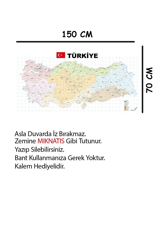 Türkiye Il Ilçe Haritası Yazı Tahtası Akıllı Kağıt Tahta Kalem Hediyeli Dekoratif 70x150cm