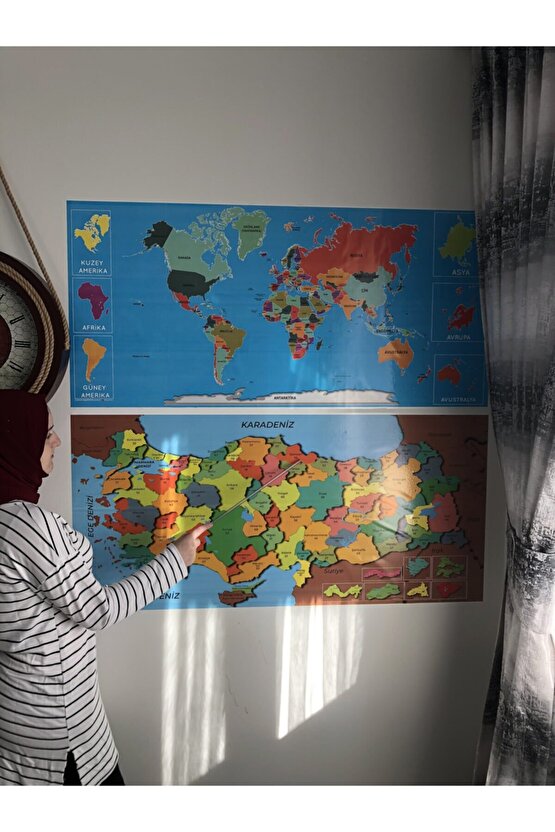Dekoratif Tablo Eğitici Türkiye Ve Dünya Haritası Set Çocuk Duvar Yazı Tahtası Kağıt Tahta 118x56 Cm