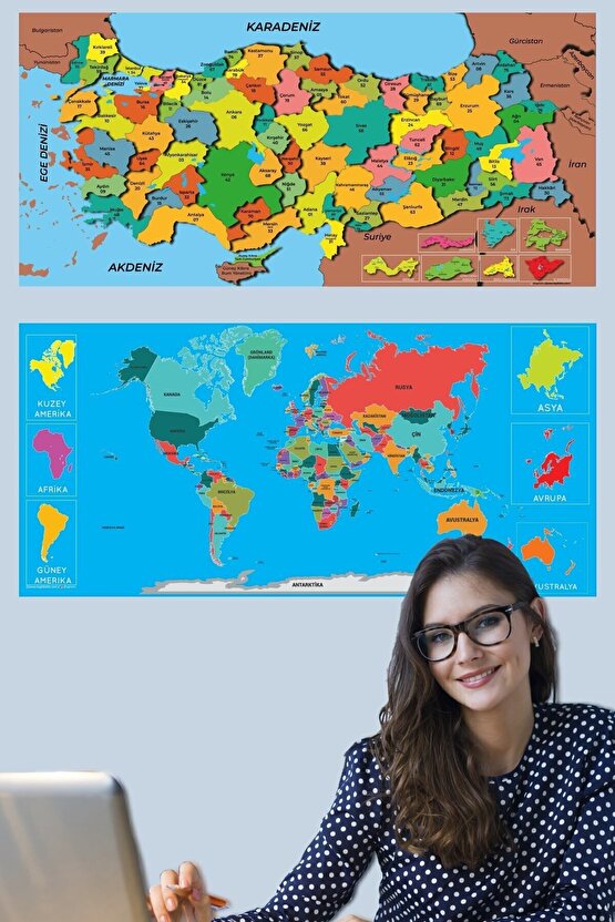 Dekoratif Tablo Eğitici Türkiye Ve Dünya Haritası Set Çocuk Duvar Yazı Tahtası Kağıt Tahta 118x56 Cm
