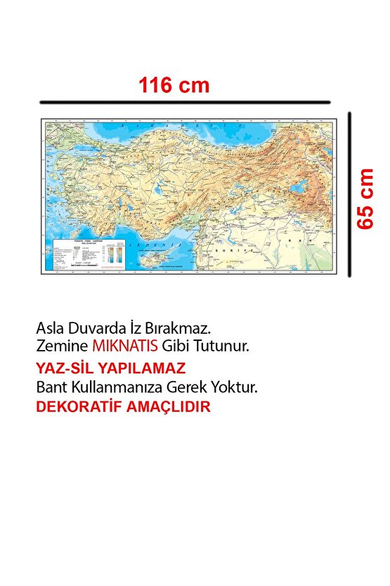 Türkiye Fiziki Haritası Dekoratif Türkiye Haritası Akıllı Kağıt Tahta 116x65 Cm