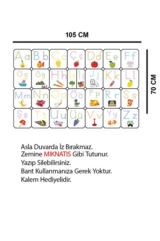Türkçe Alfabe Statik Akıllı Kağıt Tahta Ilkokul Eğitim Yazı Tahtası Kalem 100x70 Cm