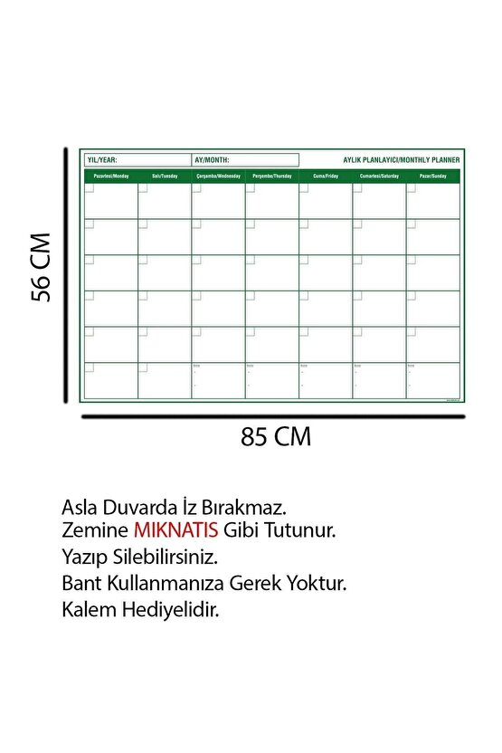 2 Adet Aylık Planlayıcı Takvim Yazı Tahtası - 3 Adet Yazı Tahtası Kalemi - 1 Adet Keçeli Silgi