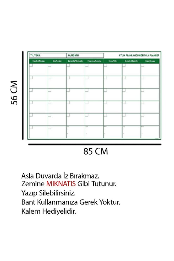 Aylık Planlayıcı - Haftalık Planlayıcı Takvim - 3 Lü Kalem Set Yazı Tahtası Akıllı Kağıt Tahta