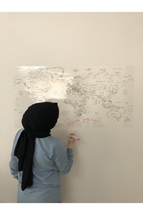 Dünya Haritası Yazı Tahtası Statik Akıllı Kağıt Tahta Yapışkansız Kalem 110x56 Cm