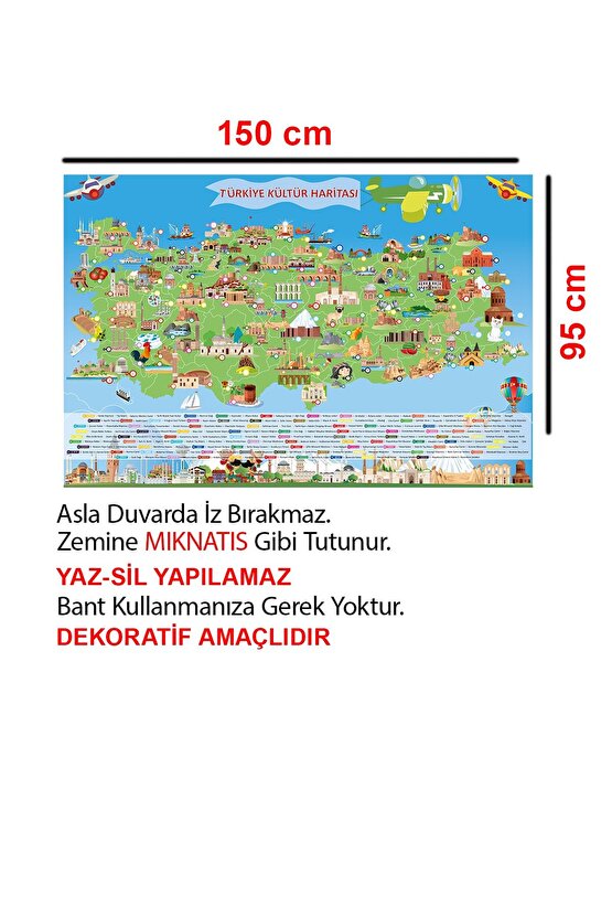 Türkiye Kültür Haritası Akıllı Kağıt Tahta Yazı Tahtası Dekoratif 150x95 Cm