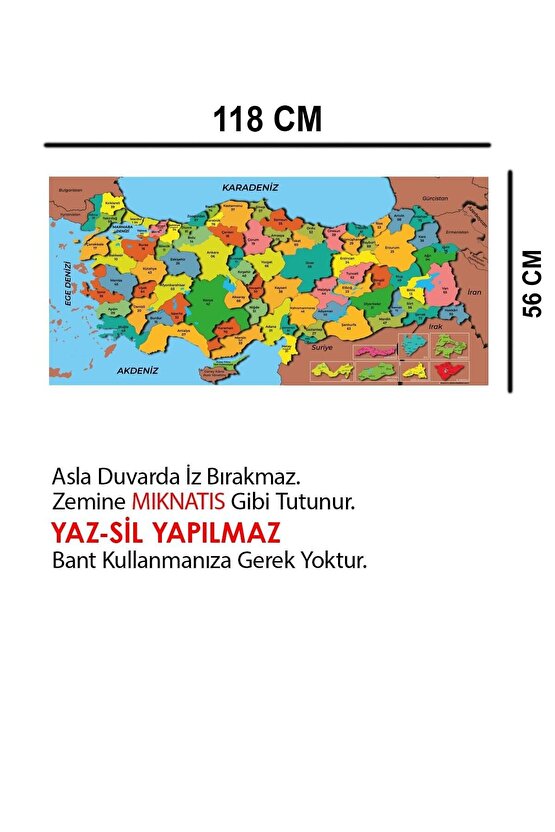 Türkiye Haritası Akıllı Kağıt Tahta Yazı Tahtası Özel Baskılı Renkli Dekoratif 118x56 Cm