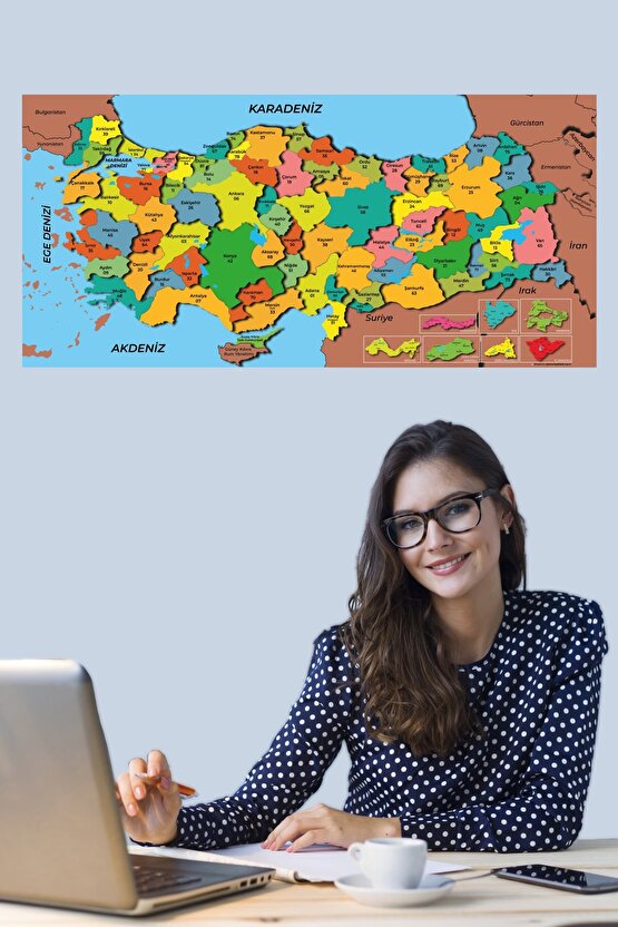 Türkiye Haritası Akıllı Kağıt Tahta Yazı Tahtası Özel Baskılı Renkli Dekoratif 118x56 Cm