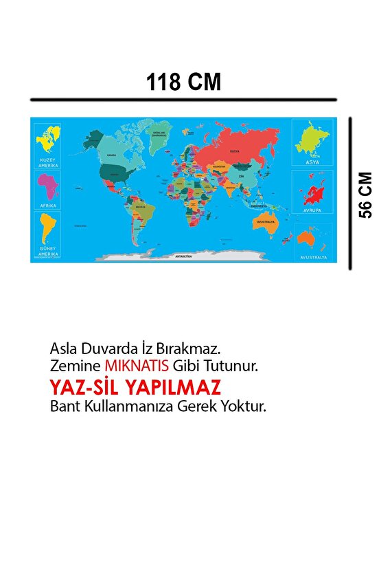 Dünya Haritası Akıllı Kağıt Tahta Yazı Tahtası Özel Baskılı Renkli Dekoratif 118x56 Cm