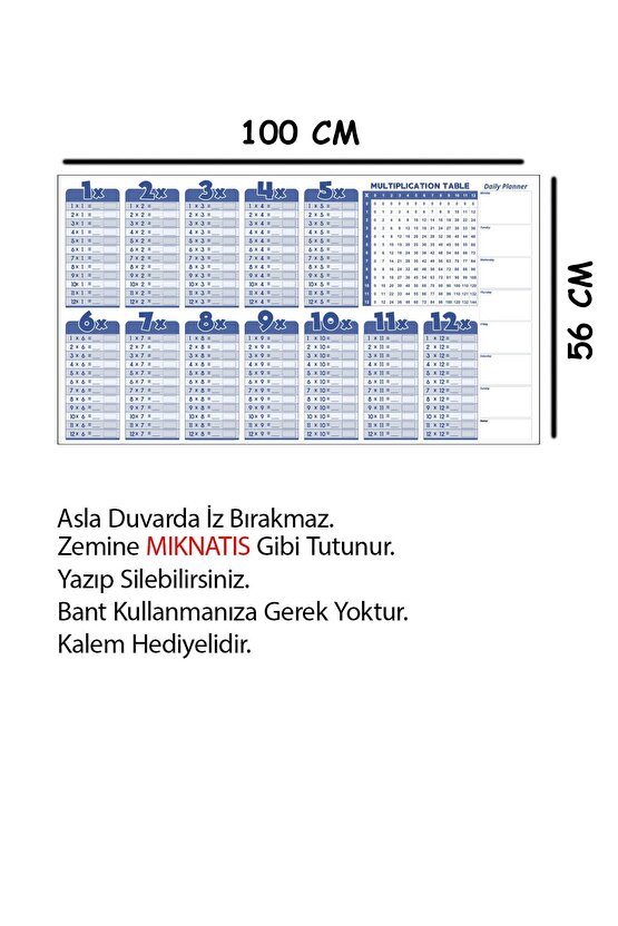Çarpım Tablosu Yazı Tahtası Statik Akıllı Kağıt Tahta Ingilizce 100x56 Cm 1 Adet Kalem Yapışkansız