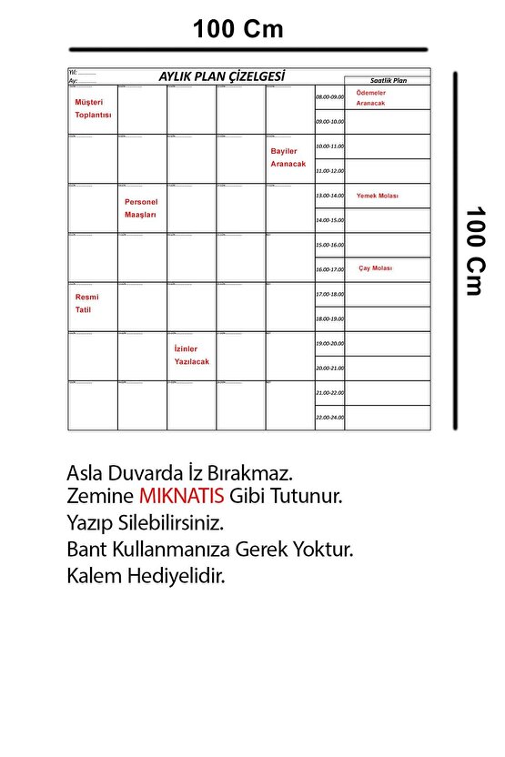 Aylık Planlayıcı Statik Akıllı Kağıt Takvim Yazı Tahtası Kalem 100x100 Cm