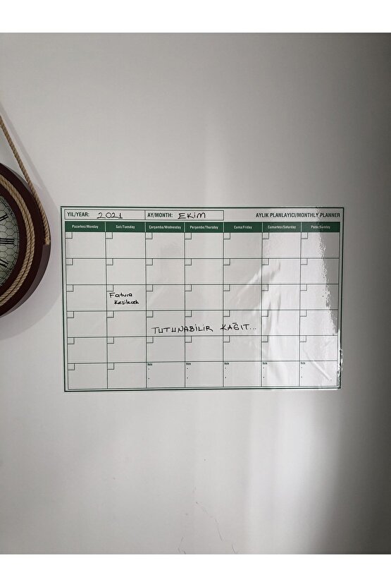 Yeşil Aylık Planlayıcı Statik Akıllı Yazı Tahtası – Duvar, Cam ve Tahtaya Uygulanır – 85×56 cm