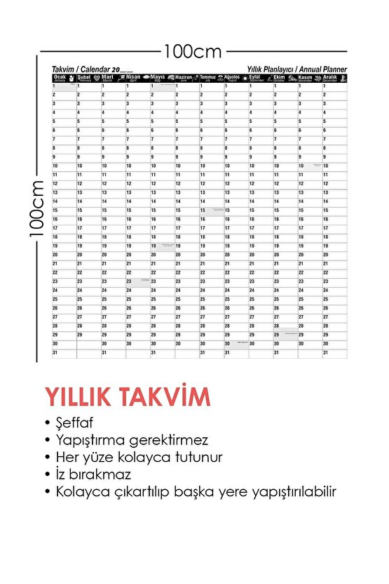 Yıllık Planlayıcı Takvim Akıllı Kağıt Tahta Yazı Tahtası Zaman Sınırlaması Olmayan 100x100cm
