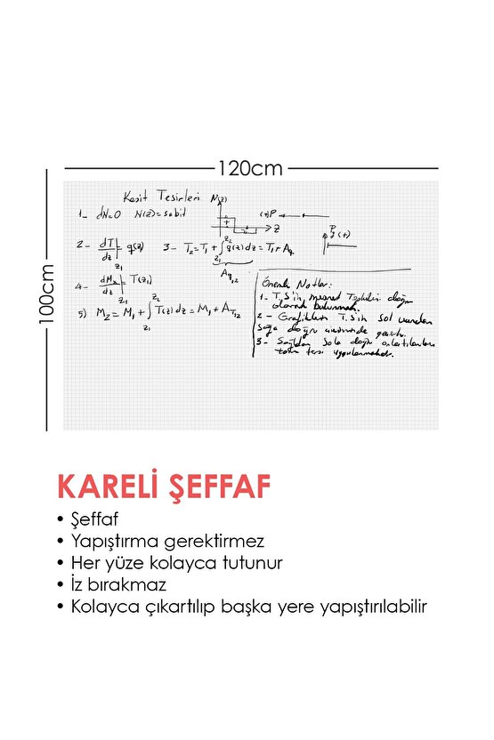 Kareli Şeffaf Tahta Akıllı Kağıt Tahta Yazı Tahtası 120x100 Cm Kalem Hediyeli