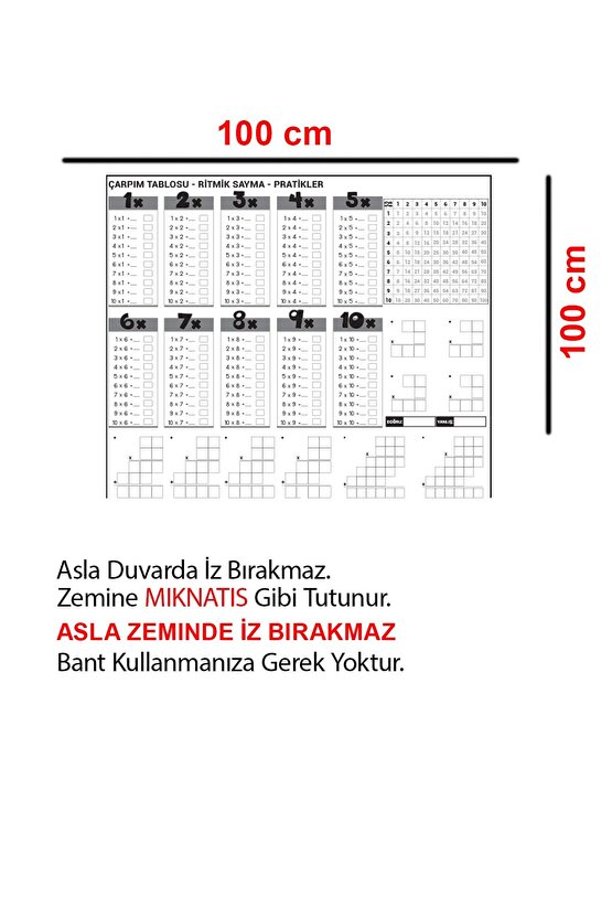 Eğitici Pratik Çarpım Tablosu Şeffaf Statik Akıllı Kağıt Tahta 100x100 Cm Yazı Tahtası Kalem
