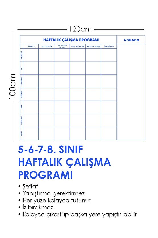 Haftalık Ders Çalışma Programı 5-6-7-8. Sınıf Statik Akıllı Kağıt Yazı Tahtası 120x100 Cm Kalem