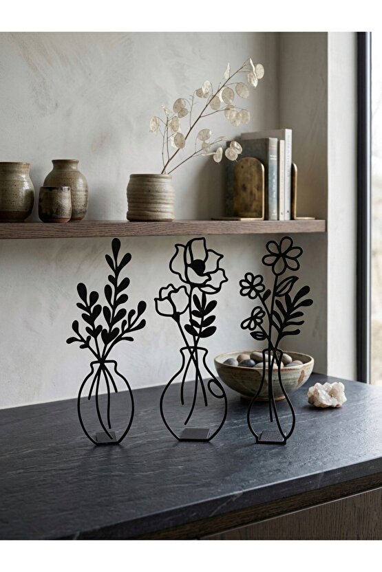 3lü Dekoratif Çiçek Vazo Seti - Modern Kahve Köşesi Aksesuarı (Uzunluk 19 cm.)