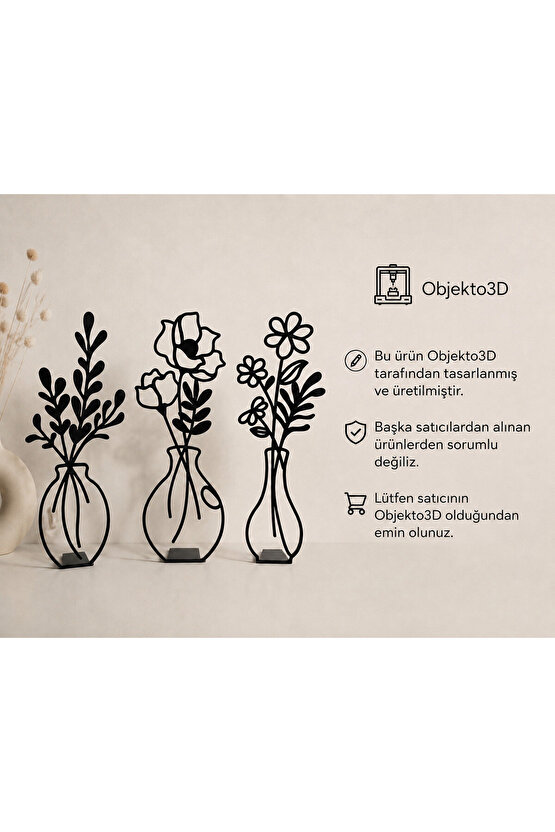 3lü Dekoratif Çiçek Vazo Seti - Modern Kahve Köşesi Aksesuarı (Uzunluk 19 cm.)