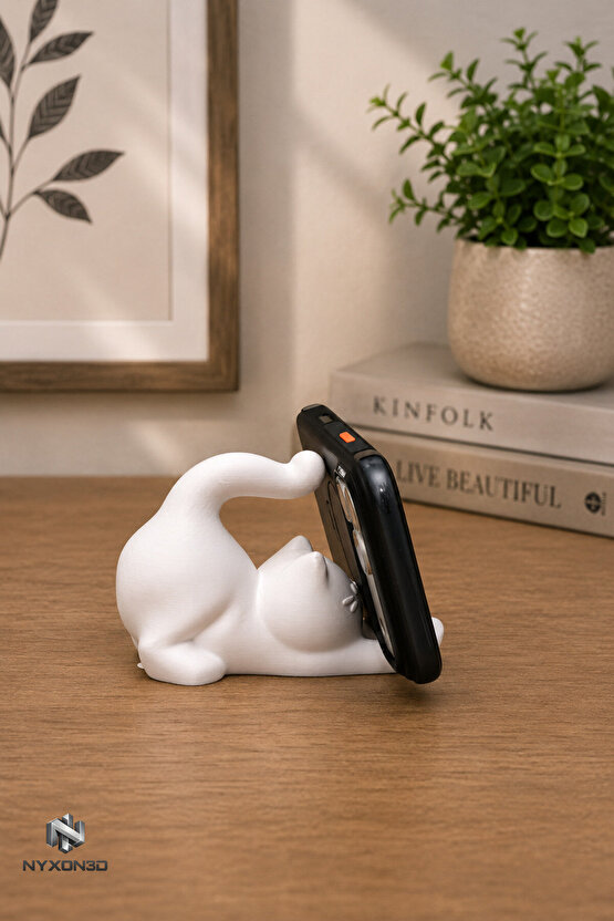 Kedi Telefon Standı Dekoratif Masaüstü Telefon Tutucu Beyaz 3D Baskı Kedi Figürü Telefon Standı