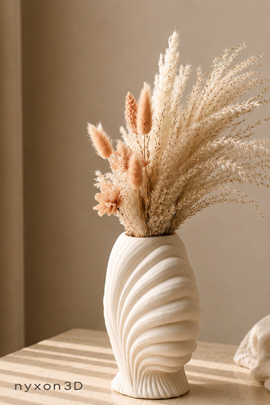 Deniz Kabuğu Dekoratif Vazo – Modern 3D Baskı Pampas Vazosu | Minimal Bohem Ev Dekoru